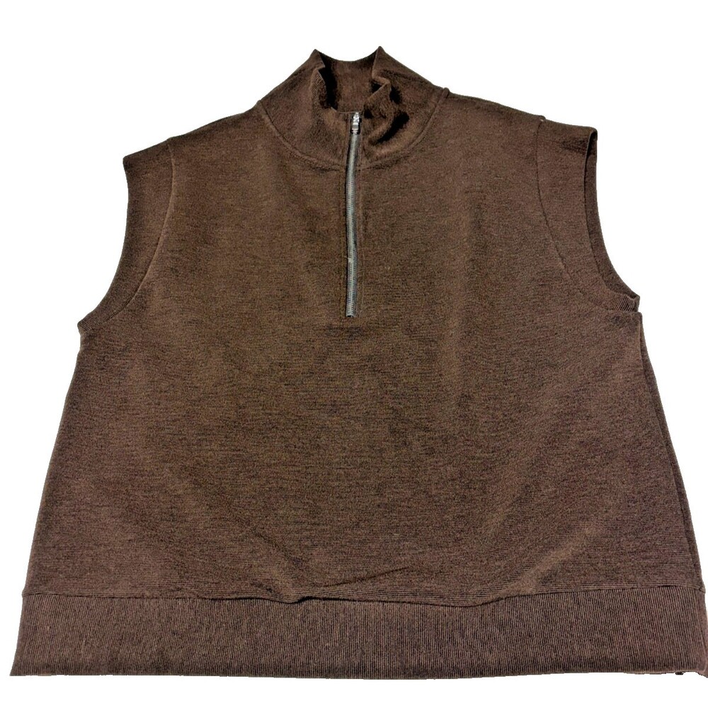 Calia Women's Sz L Brown 1/4 Zip Ottoman Sleevelss Pullover Shirt, Ribbed